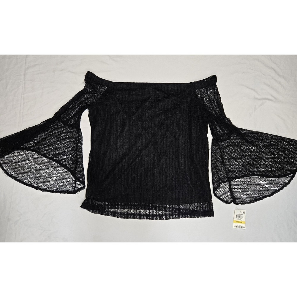 NWT BAR III Black Lacey Shirt Flutter Sleeves Medium Off Shoulder Club Goth